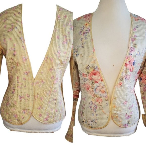 Womens Sz Medium 8 Yellow Floral Quilted‎ Jacket Thin Reversible Open Front - Picture 1 of 10